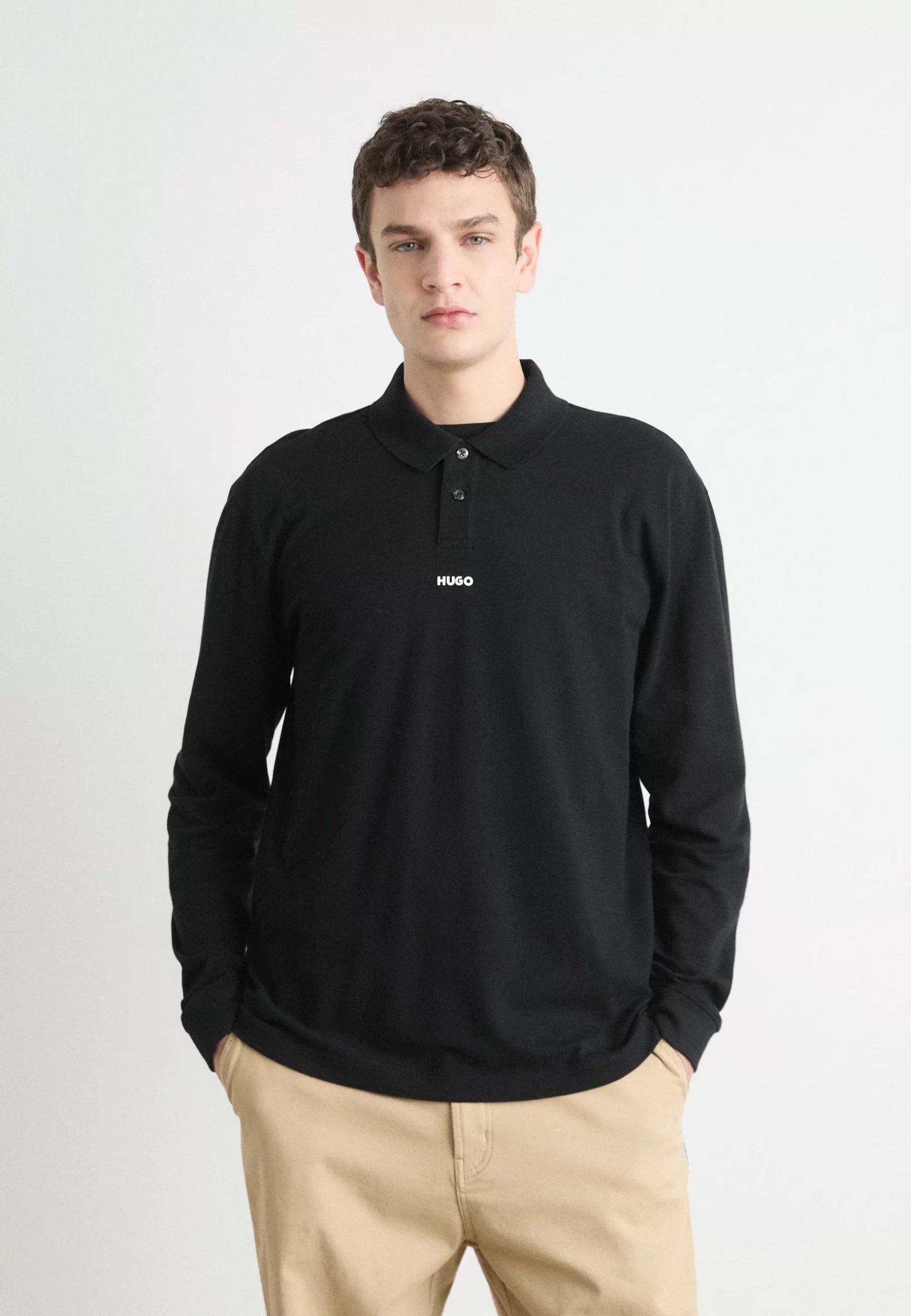 Boss Camisero manga larga algodón piqué regular fit - Negro