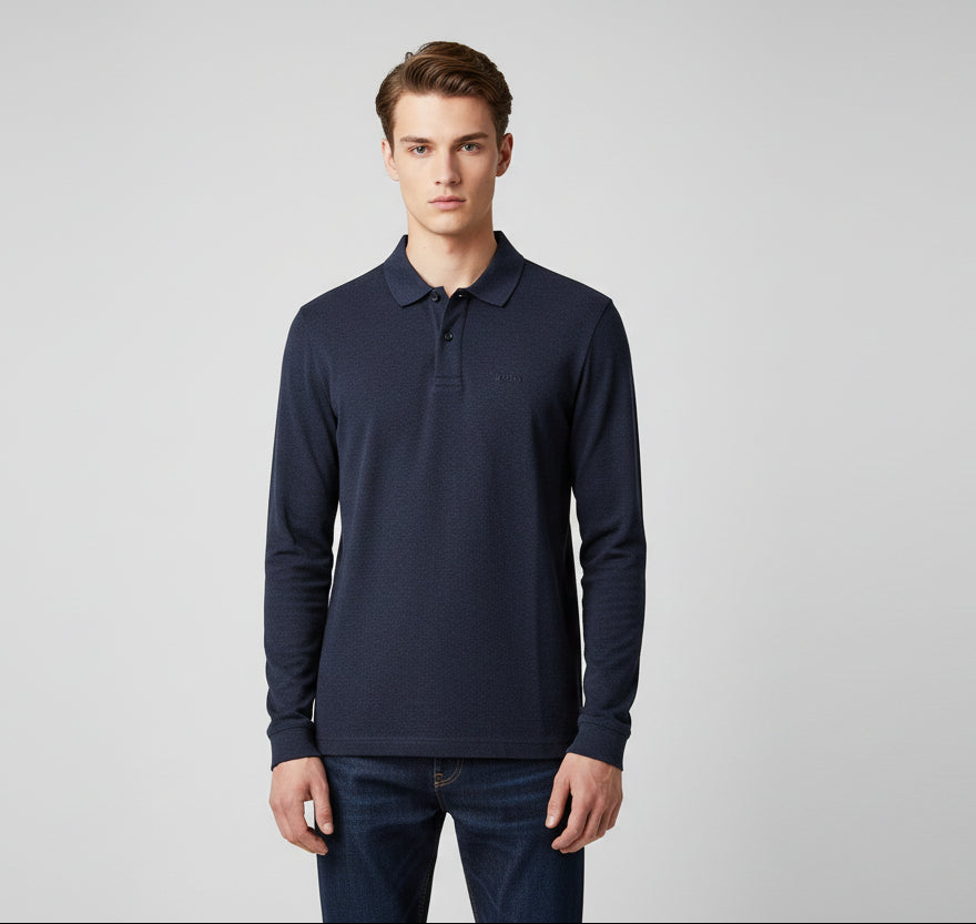 Polo Manga larga Boss algodón piqué - Azul jaspeado