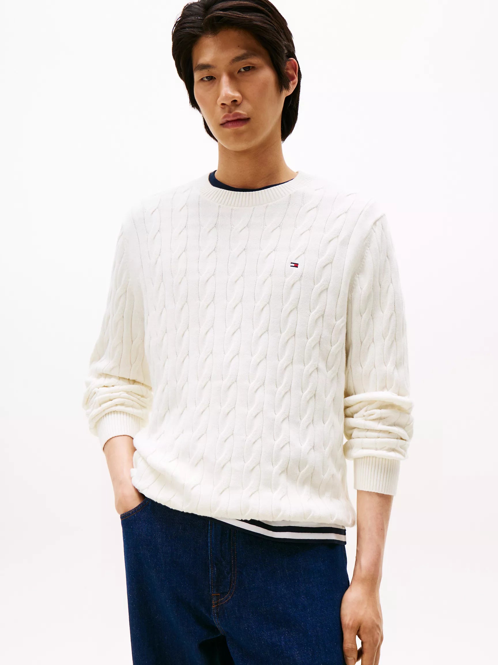 Sweater Trenzado cuello redondo Tommy Hilfiger - Blanco