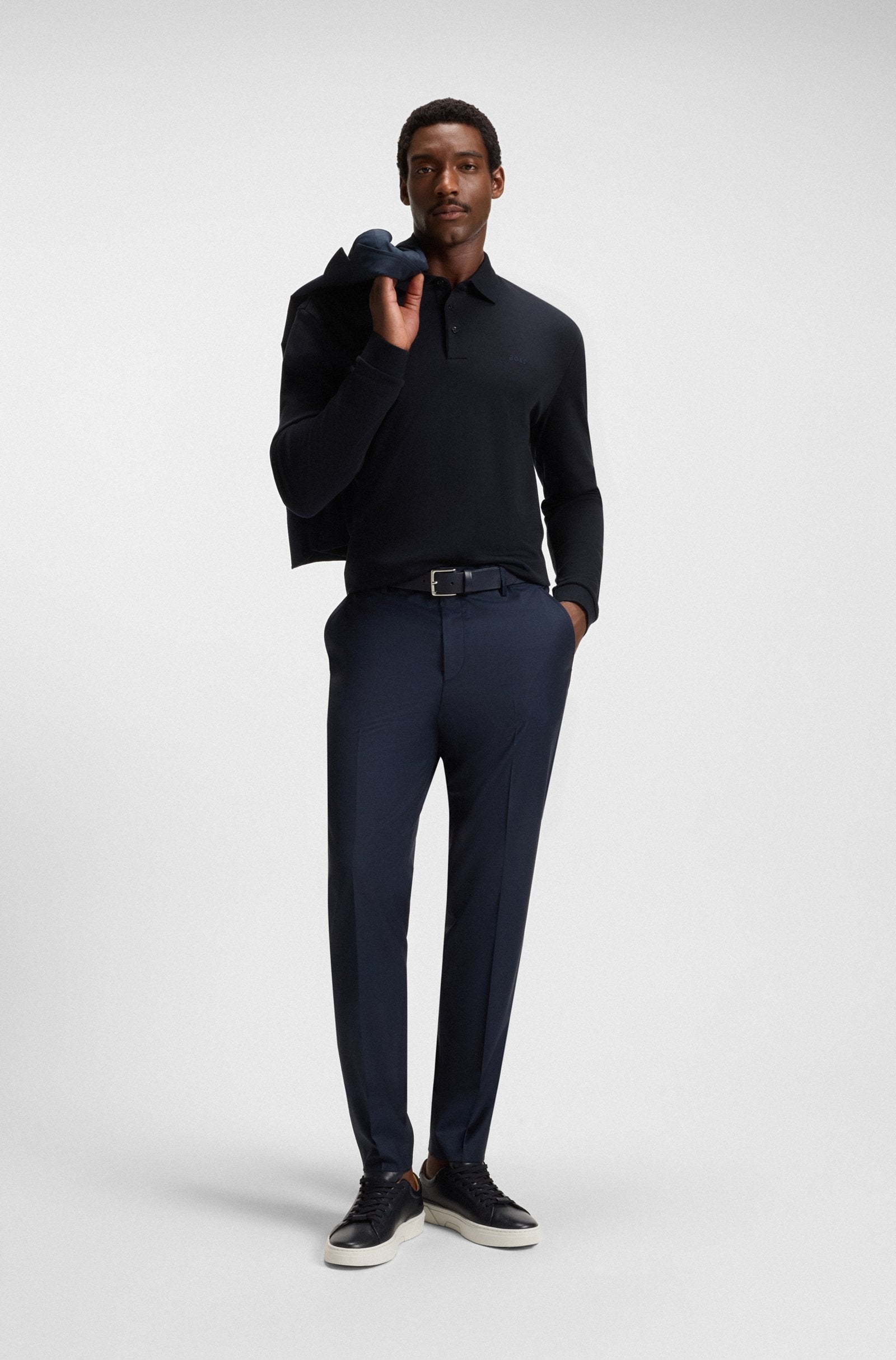 Polo manga larga Boss algodón piqué azul marino - Regular fit