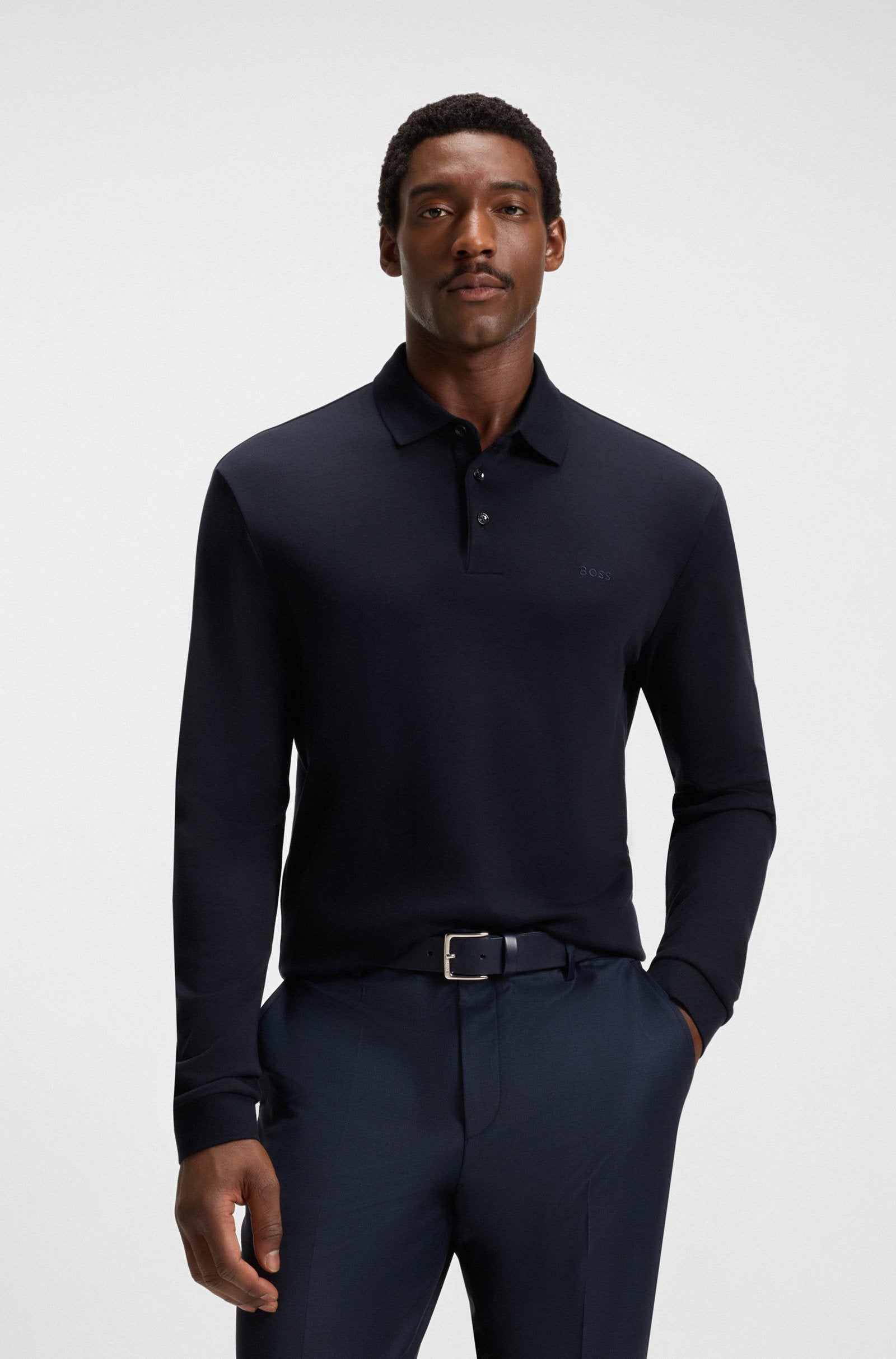 Polo manga larga Boss algodón piqué azul marino - Regular fit