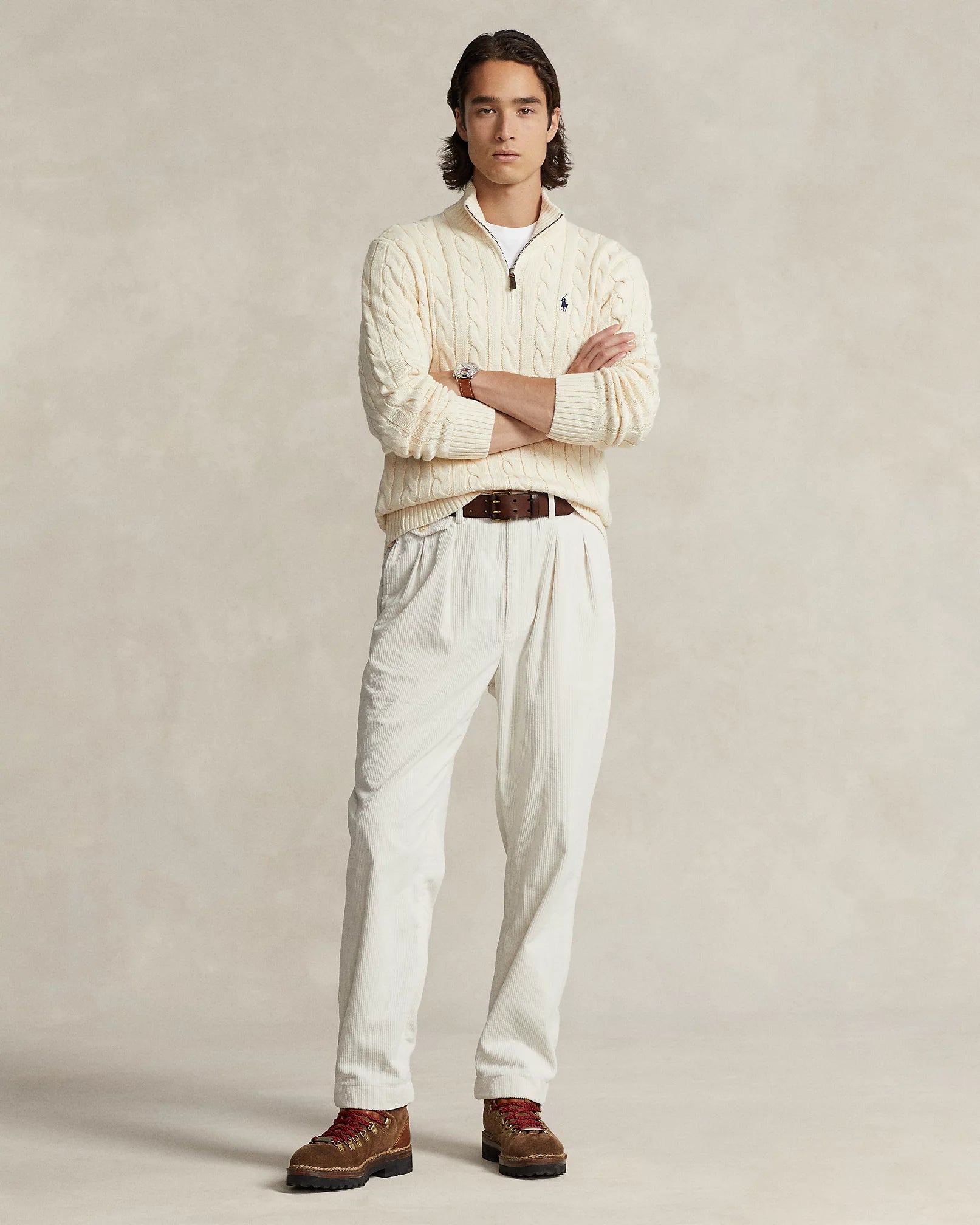 Sweater Ralph Lauren 1/4 zip trenzado - Crema