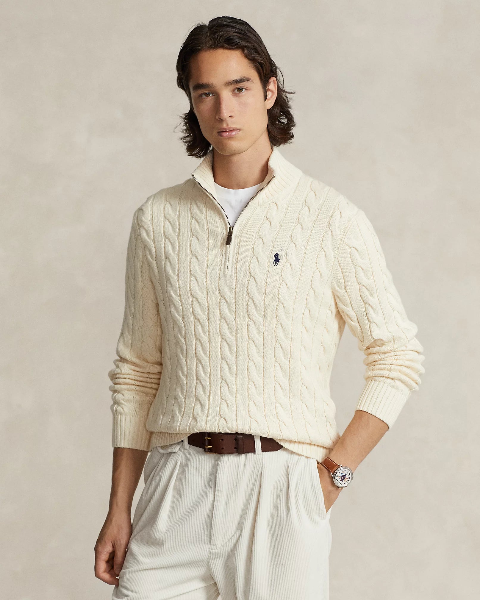 Sweater Ralph Lauren 1/4 zip trenzado - Crema