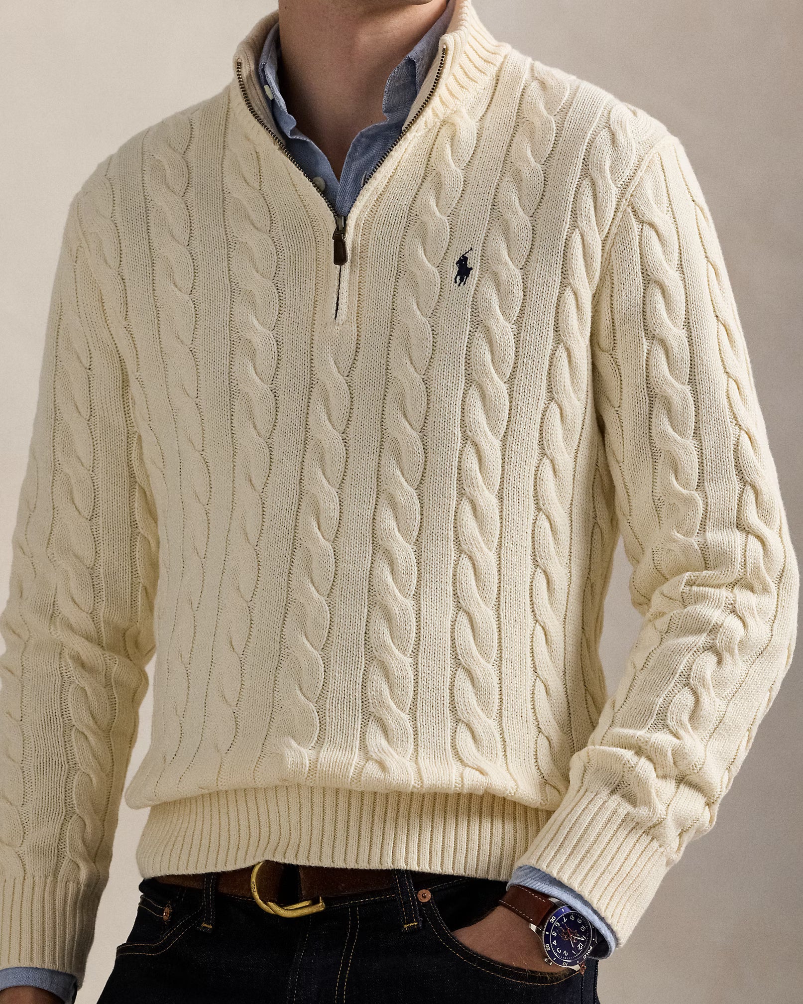 Sweater Polo Ralph Lauren 1/4 zip Trenzado - Crema