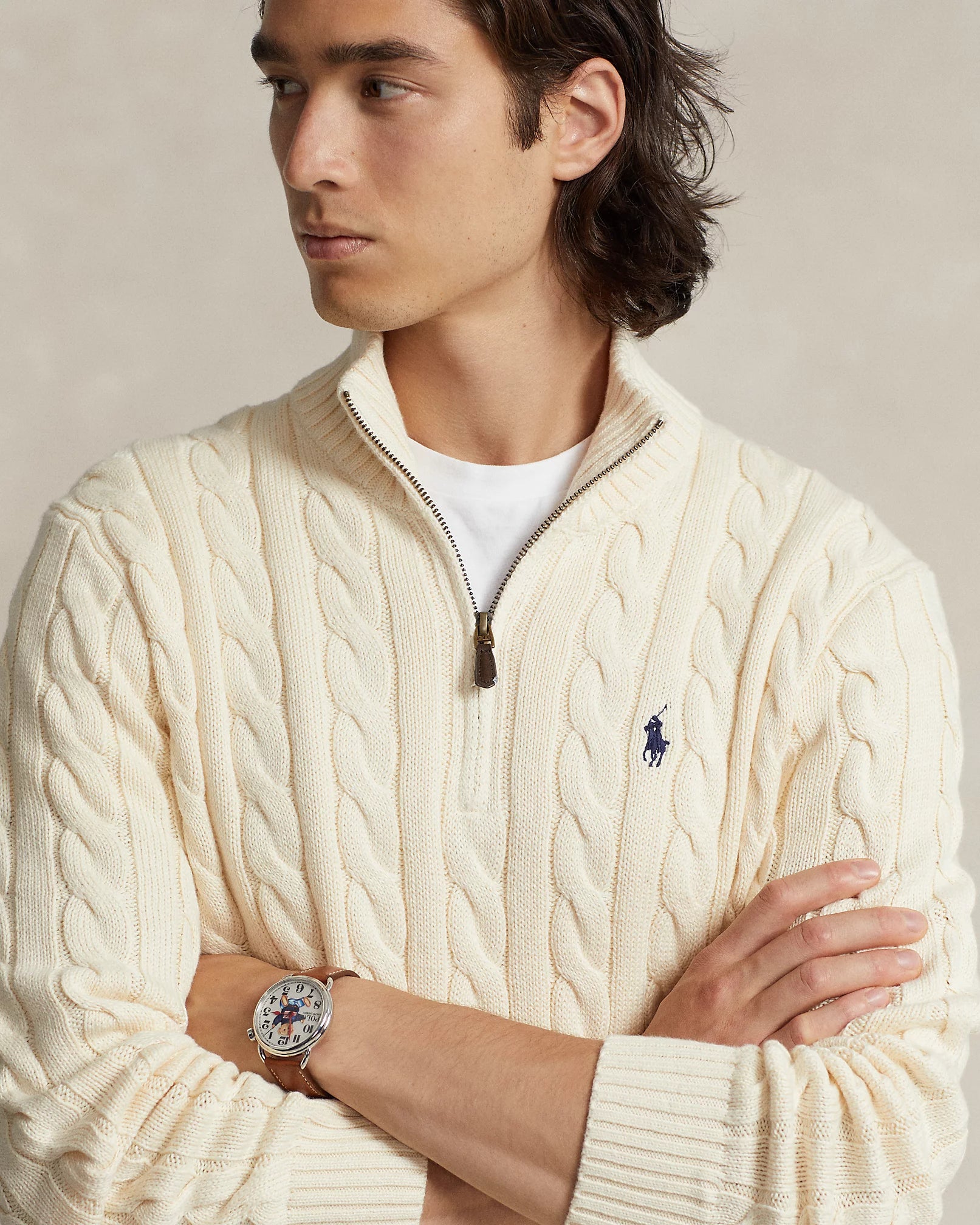 Sweater Ralph Lauren 1/4 zip trenzado - Crema